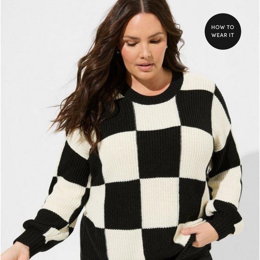 Torrid Black and White Crew Neck Sweater with Bold Checkered Design